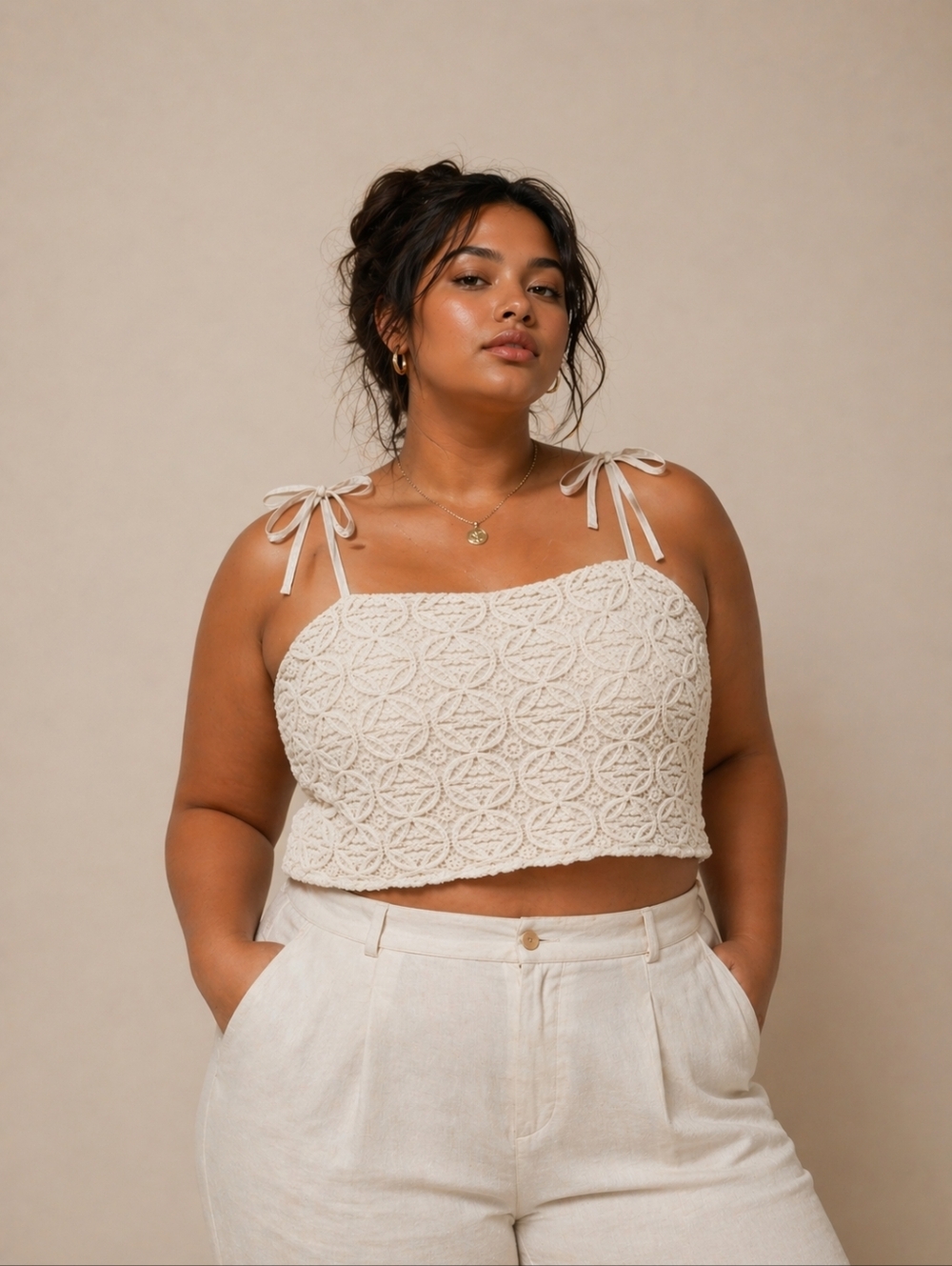 Express Cream Lace Tie-Shoulder Cropped Tank Top, Women's Size XL